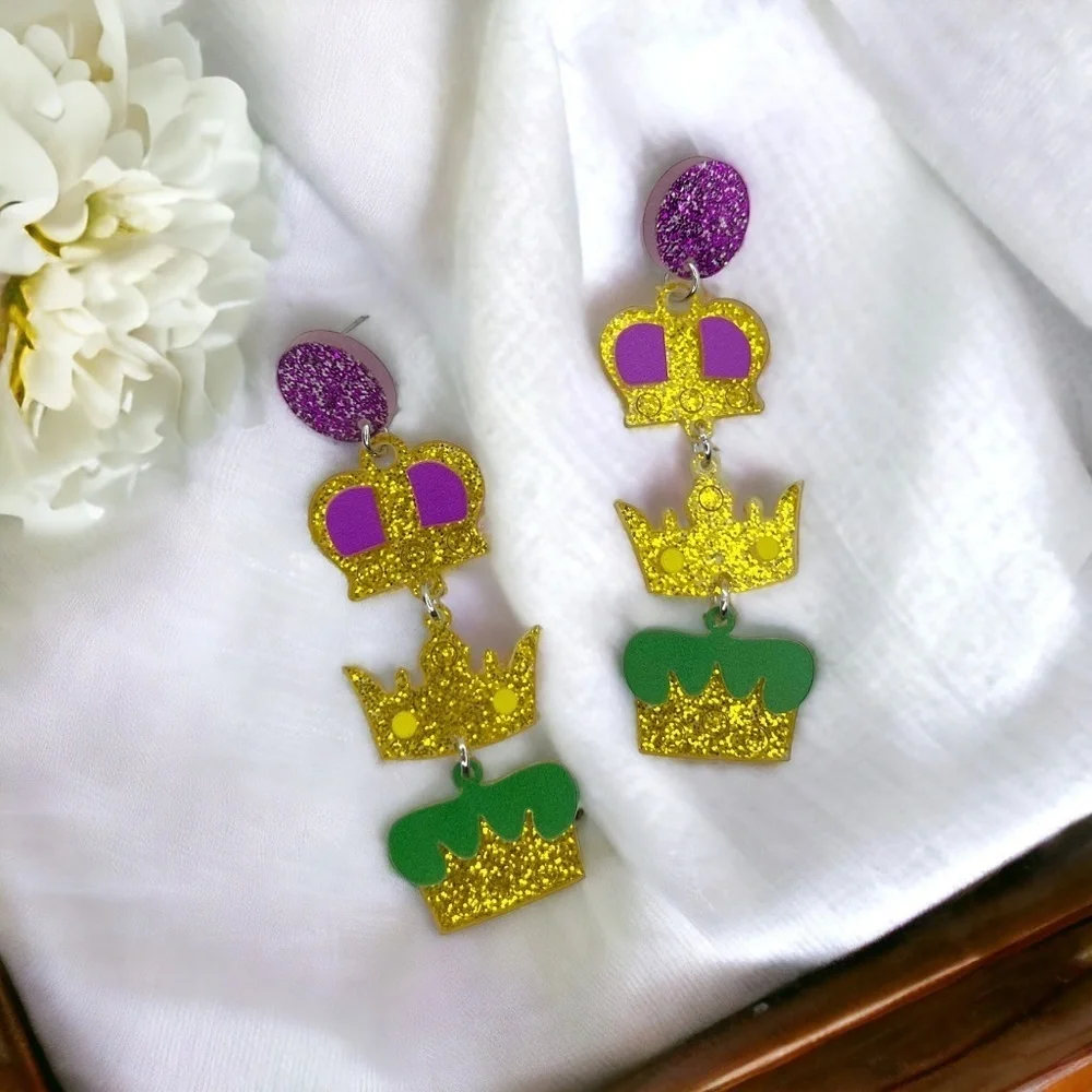 Mardi Gras Crown Dangle Earrings – Celebrate Like Royalty! NWT